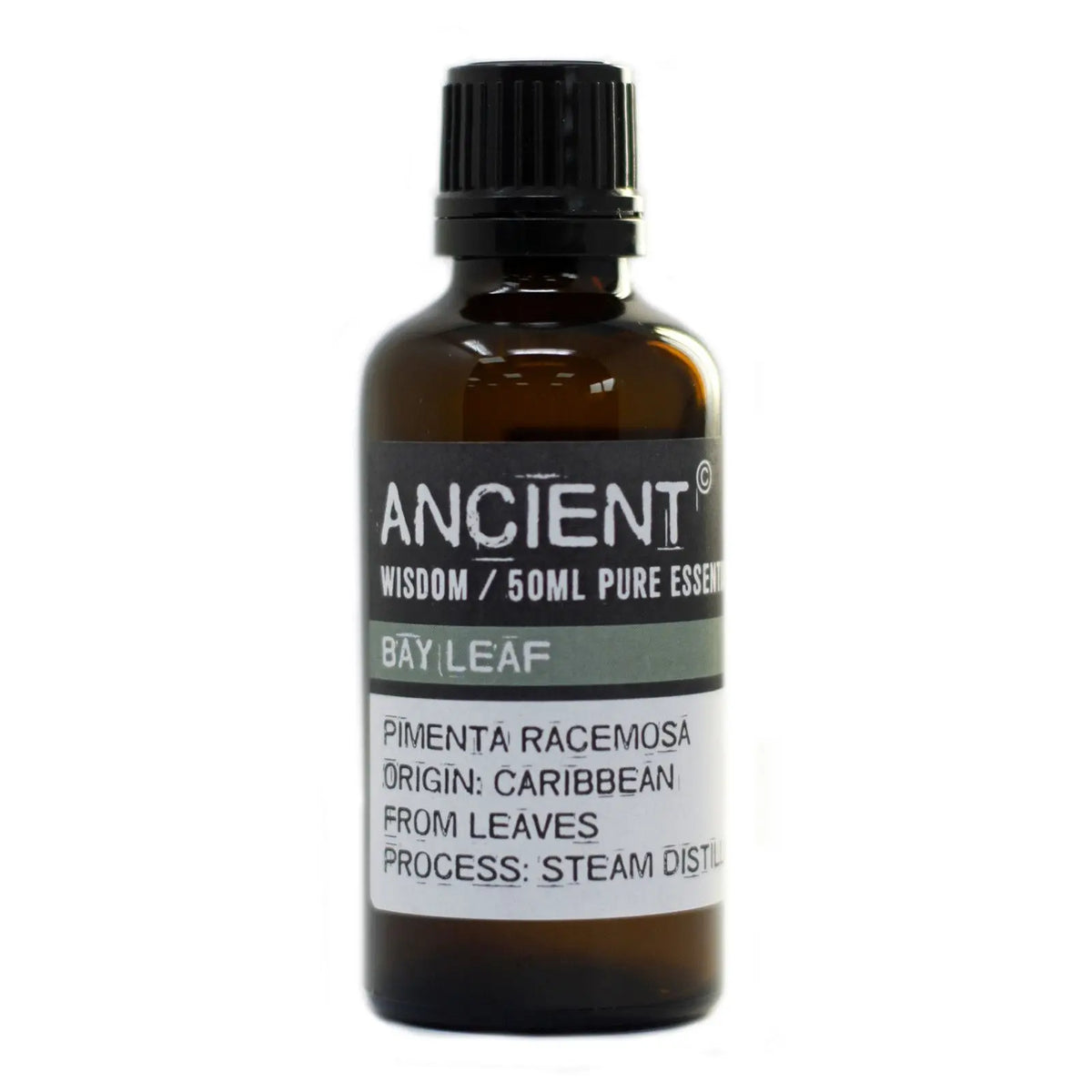 Frasco de vidrio ámbar de 50ml con tapa negra y etiqueta blanca que identifica aceite esencial de laurel.
