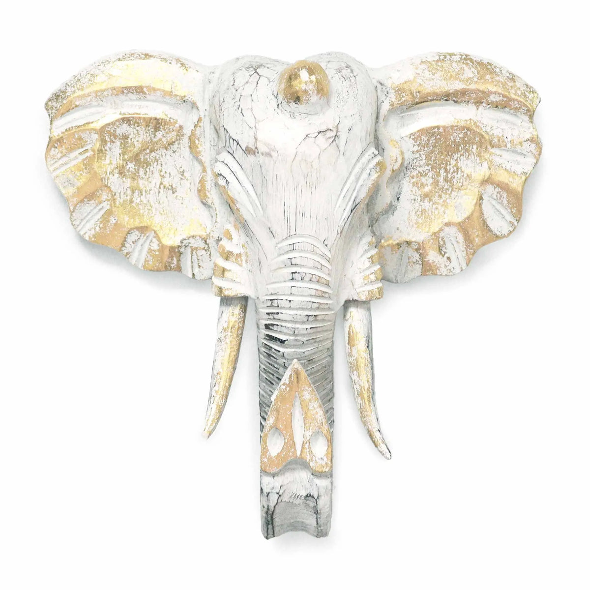 Cabeza de elefante decorativa en blanco y dorado, hecha de resina con un estilo vintage y texturizado.