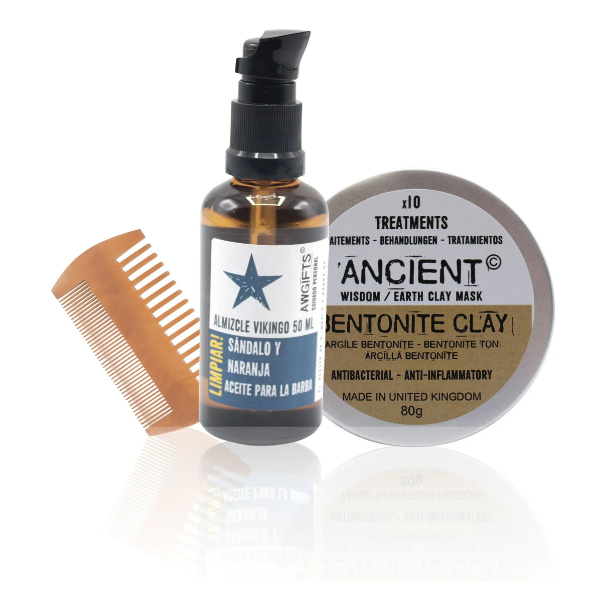 Set de cuidado facial Ancient Wisdom: aceite de barba, mascarilla de arcilla y peine de madera sobre fondo blanco.