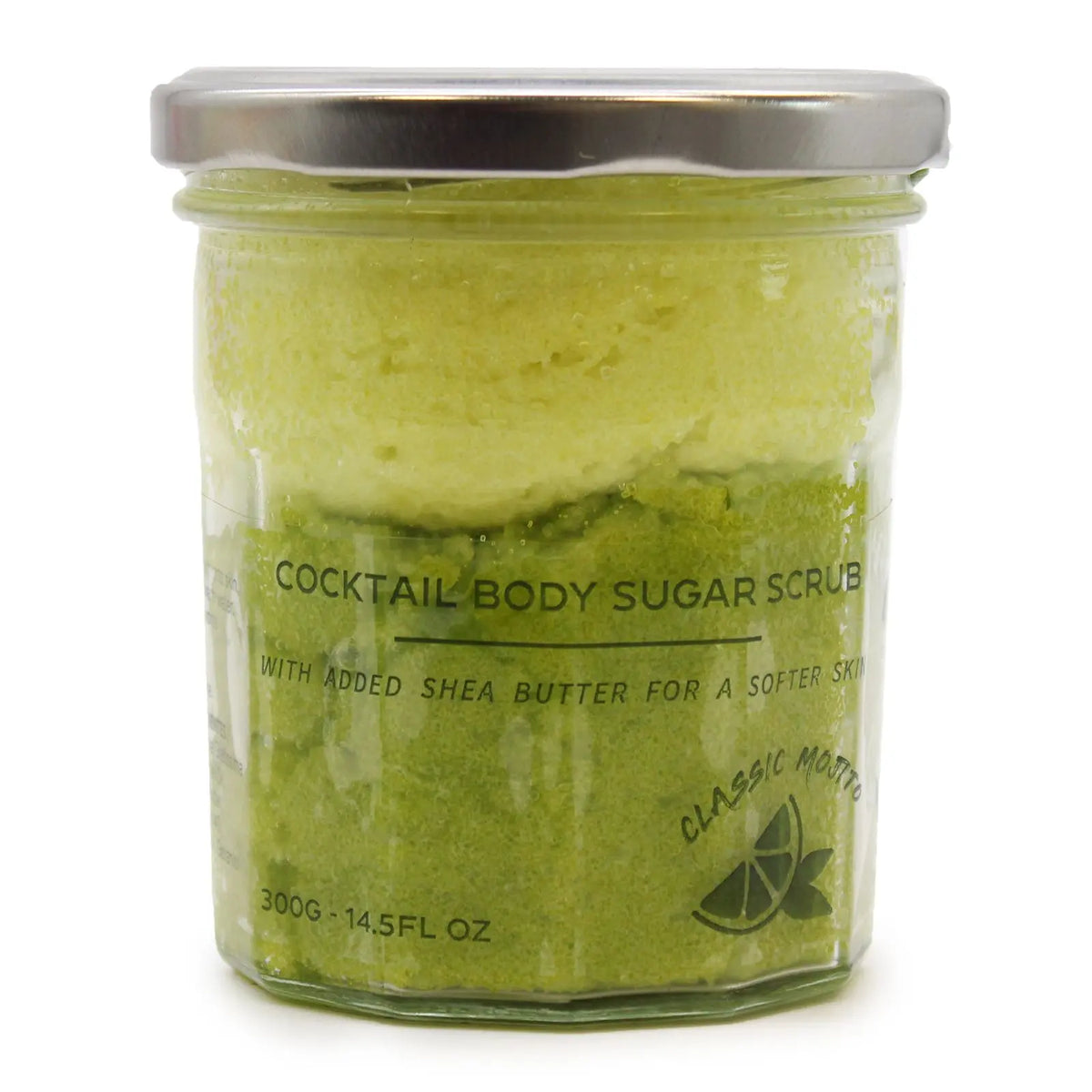 Frasco de vidrio con exfoliante de azúcar verde, textura granulosa, tapa metálica y etiqueta de mojito clásico de 300g.