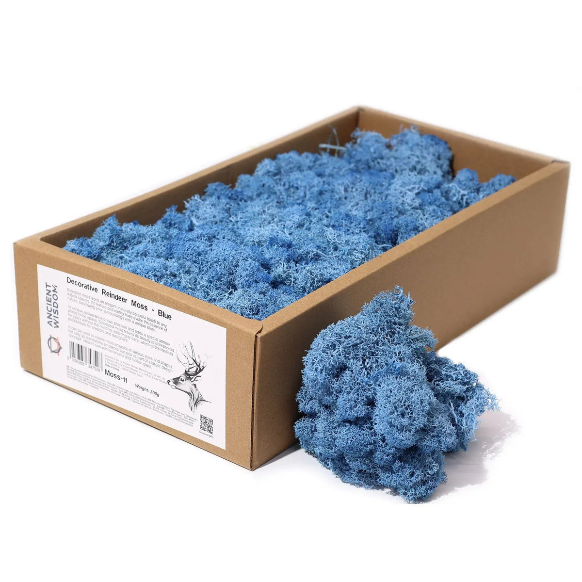 Caja de cartón con 500g de musgo decorativo estabilizado de color azul intenso, con una porción fuera de la caja.