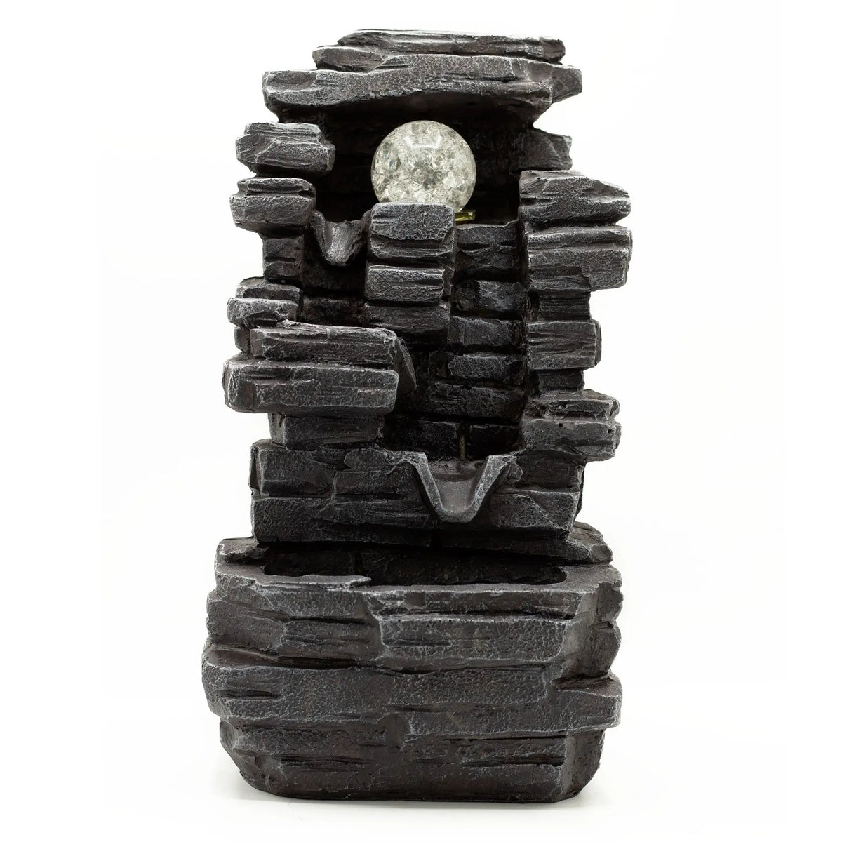 Fuente de mesa Ancient Wisdom: cascada de roca gris oscuro con niveles escalonados y bola de cristal brillante superior.