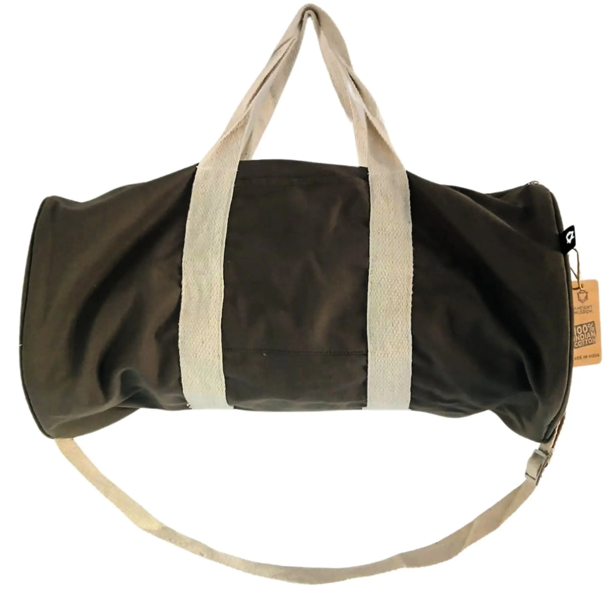Bolsa de gimnasio cilíndrica de algodón color oliva con asas y correa ajustable de lona color crema. Estilo artesanal.