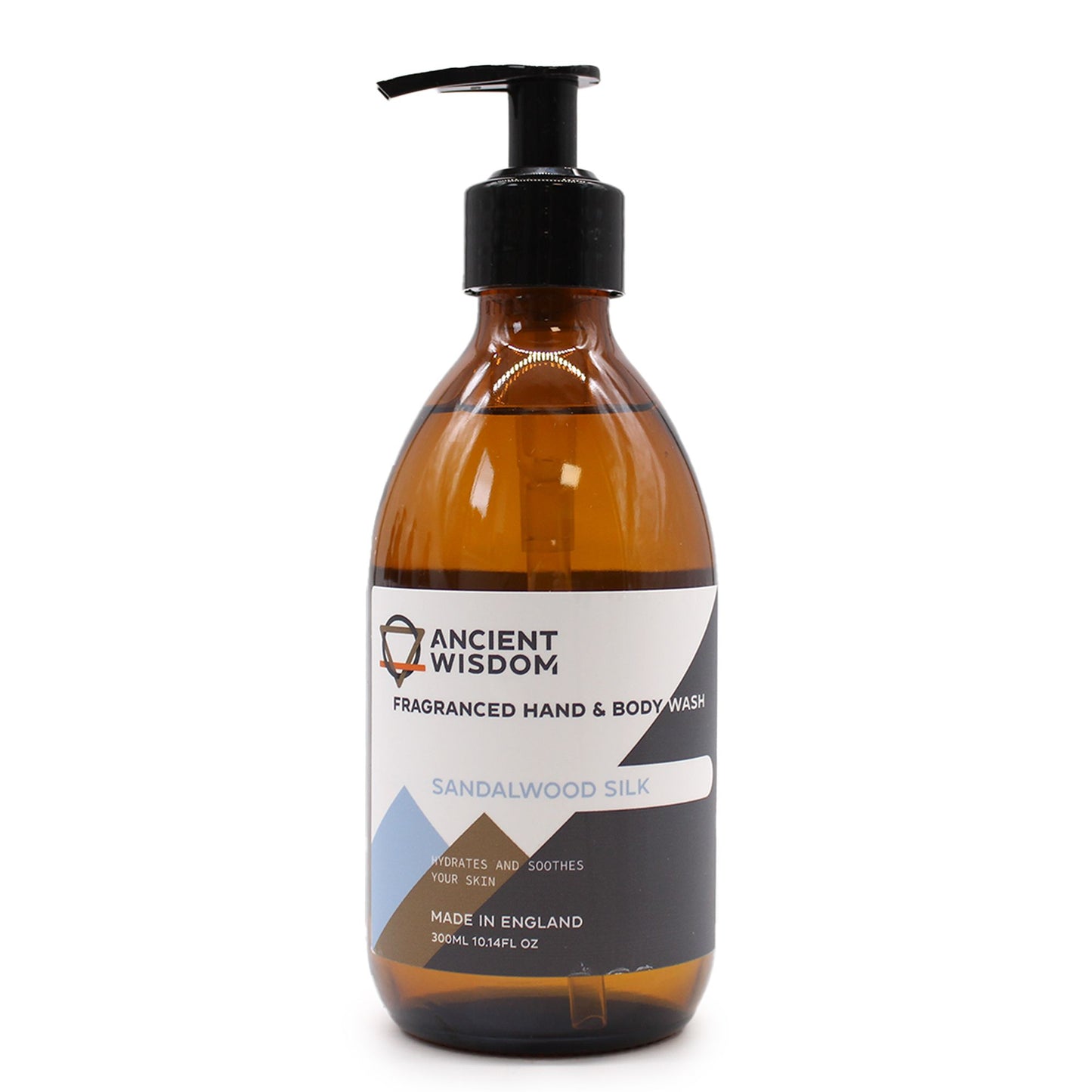 Jabón líquido Ancient Wisdom de sándalo en botella de vidrio ámbar de 300ml con dosificador negro sobre fondo blanco.