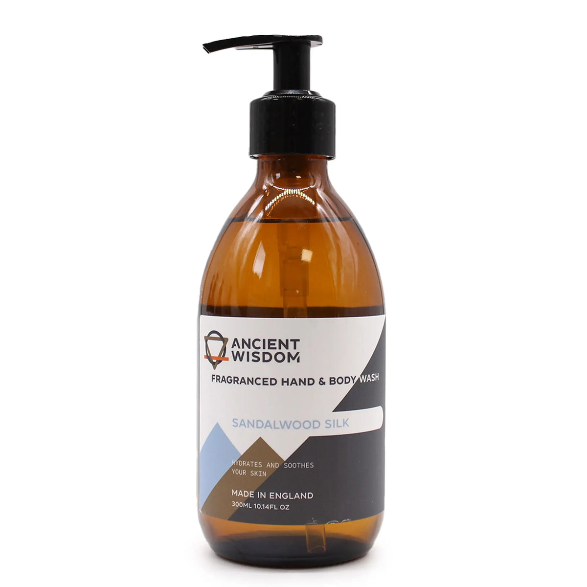 Jabón líquido Ancient Wisdom de sándalo en botella de vidrio ámbar de 300ml con dosificador negro sobre fondo blanco.