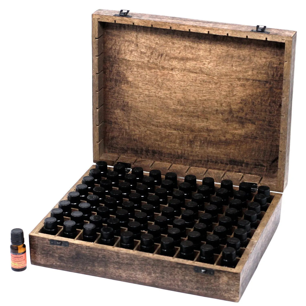 Caja organizadora de madera de mango para 80 aceites esenciales con compartimentos individuales y tapa abatible.