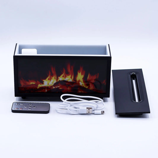 Difusor negro rectangular con efecto llama, mando a distancia, cable USB y tapa extraíble sobre fondo blanco.