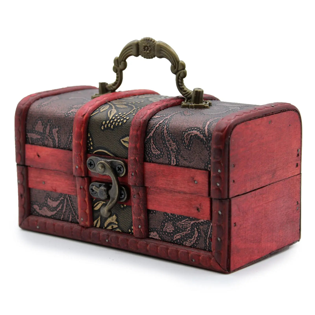 Caja decorativa en tonos rojos y negros, con detalles en dorado, estilo vintage y textura de tela. Ideal para almacenamiento.