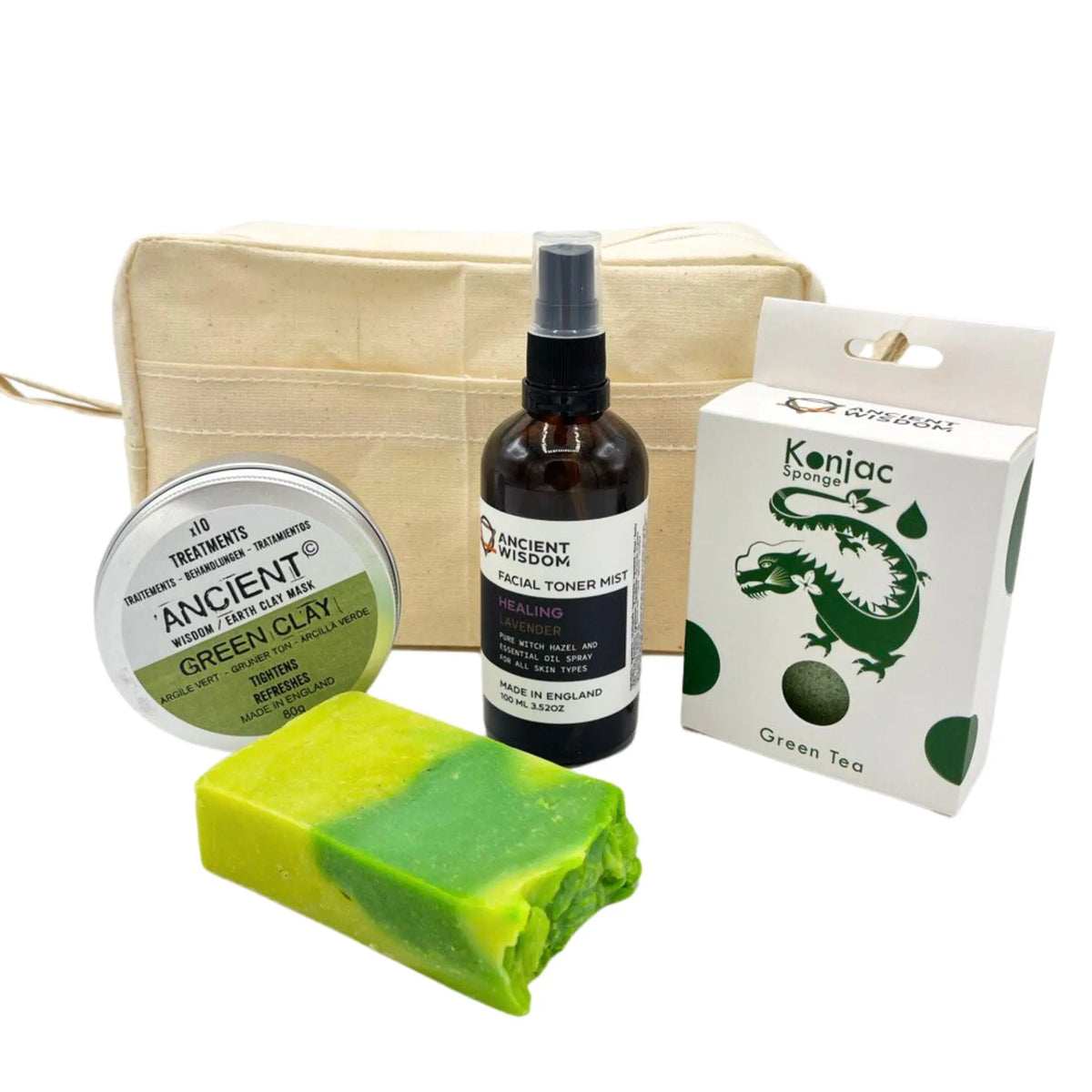 Set de regalo Ancient Wisdom: incluye neceser de lino, mascarilla de arcilla, tónico, esponja konjac y jabón artesano.