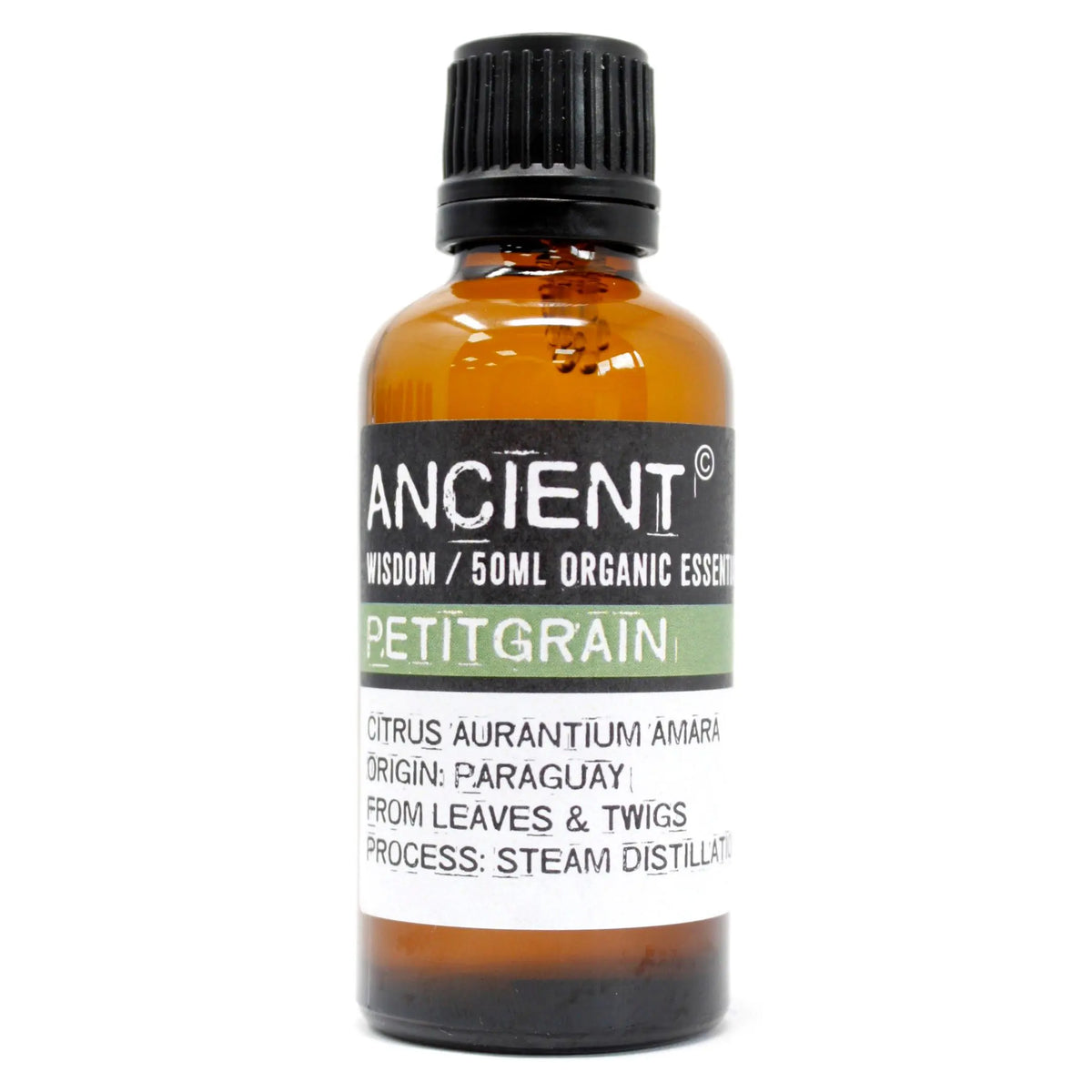Frasco de vidrio ámbar de 50ml con aceite esencial orgánico de Petitgrain Ancient Wisdom y tapa negra.