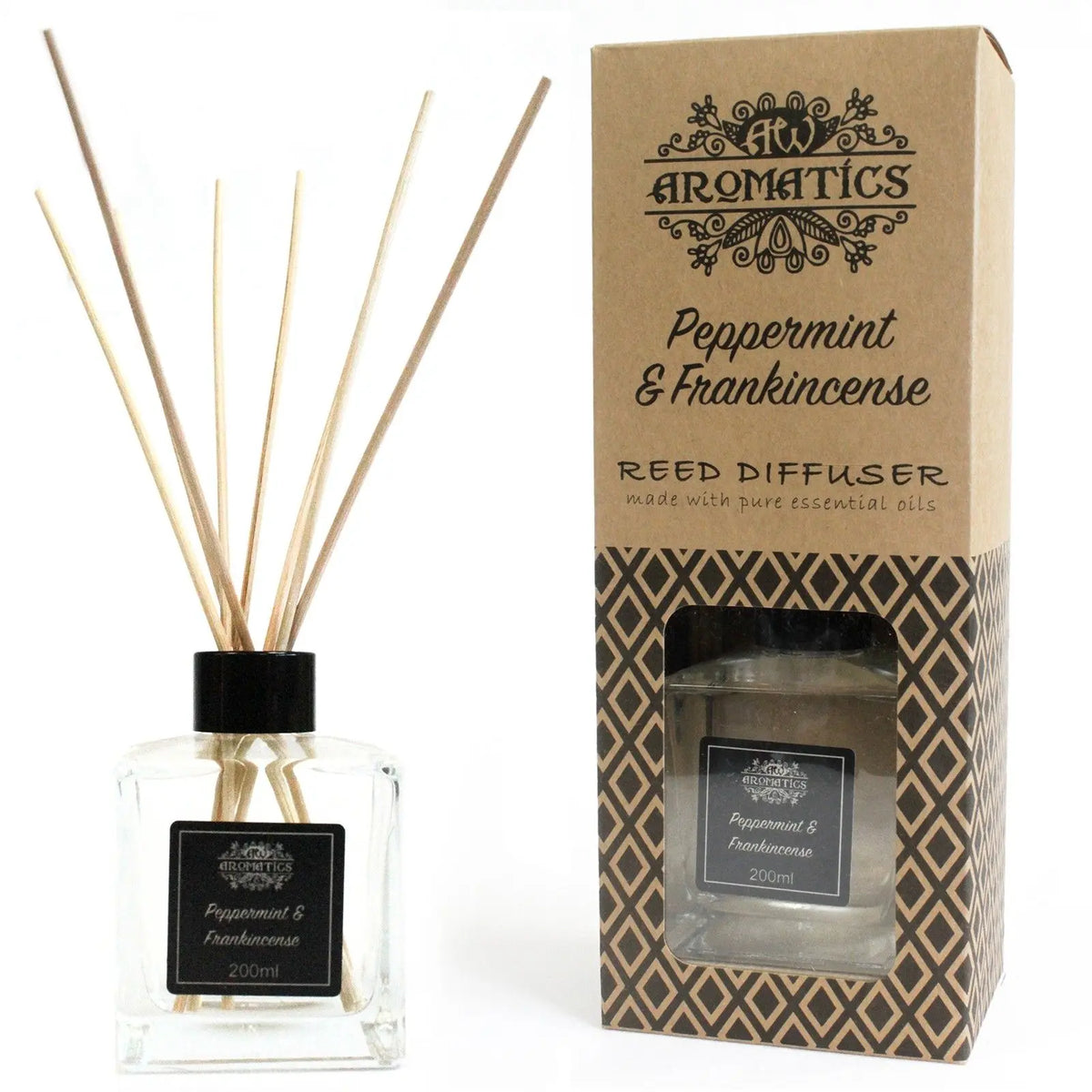Difusor de varillas de vidrio transparente con caja de cartón decorada; aroma de menta e incienso en fondo blanco.