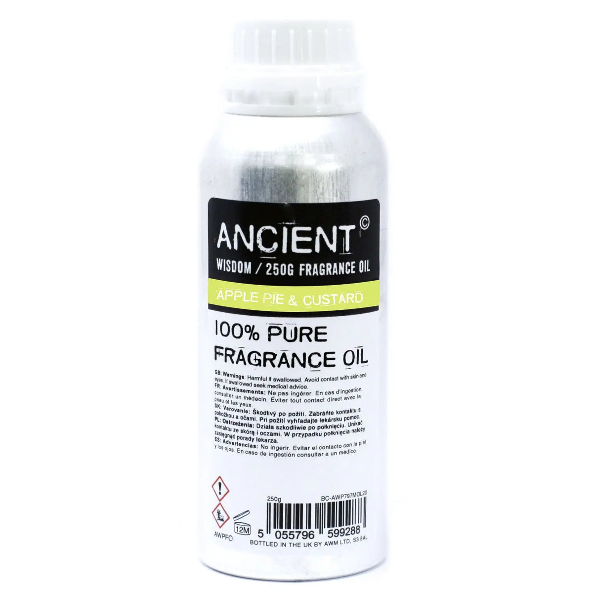Botella de aluminio de 250g con etiqueta informativa en blanco y negro, conteniendo aceite de fragancia de tarta y natilla