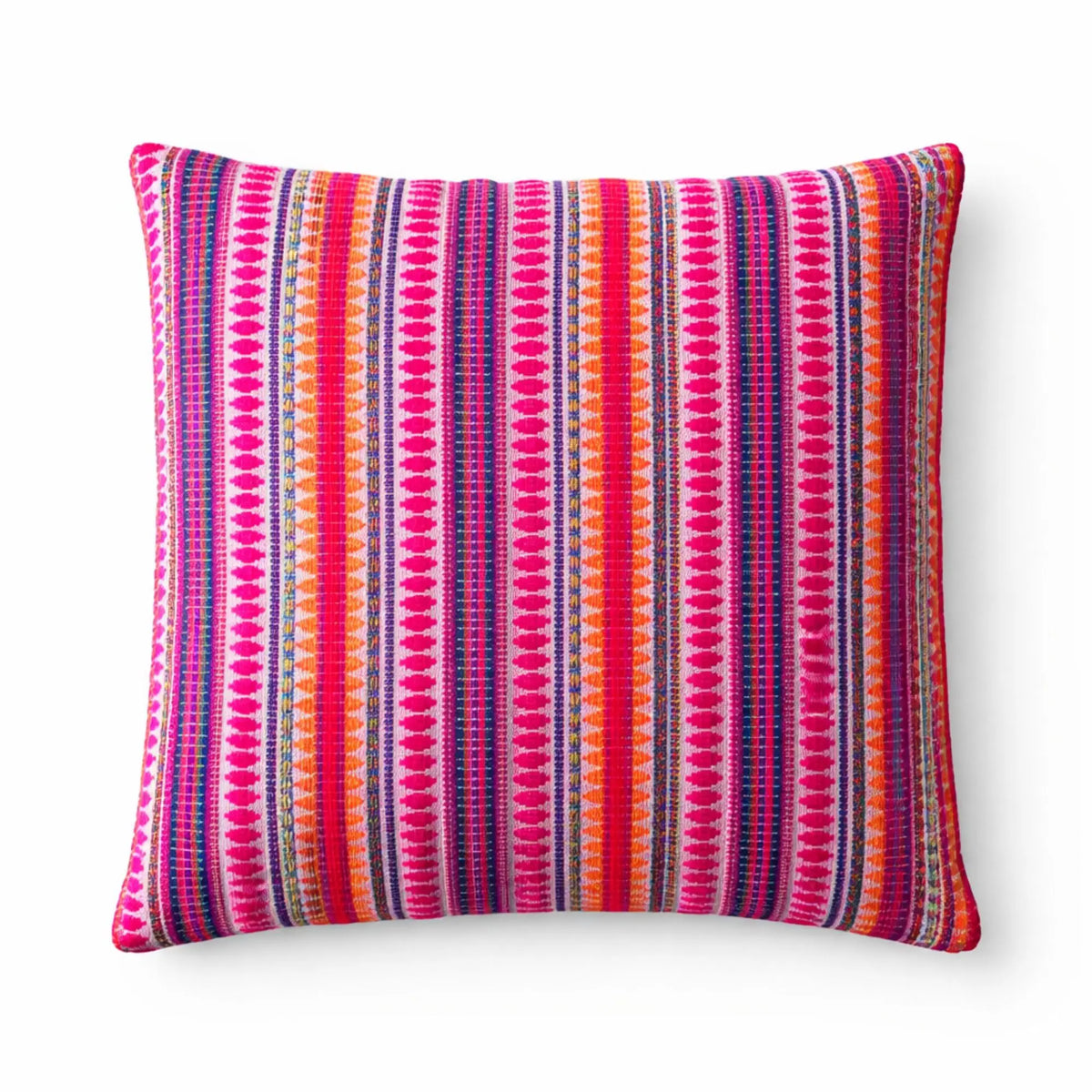 Cojín cuadrado de algodón con rayas multicolores en tonos fucsias, naranjas y morados. Decoración vibrante y moderna.