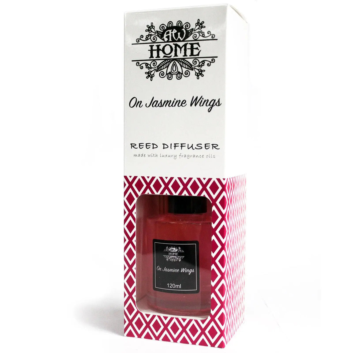 Difusor de caña "On Jasmine Wings", color rojo, 120ml, con fragancias de lujo en elegante empaque rosa y blanco.