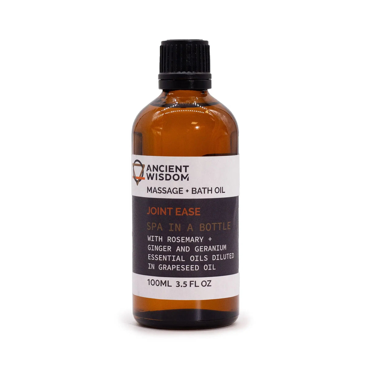 Frasco de vidrio ámbar de 100 ml con tapa negra y etiqueta blanca y gris para aceite de masaje de articulaciones.
