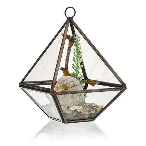 Terrario de vidrio en forma de diamante con marco metálico oscuro, contiene piedras, una roca y plantas decorativas.