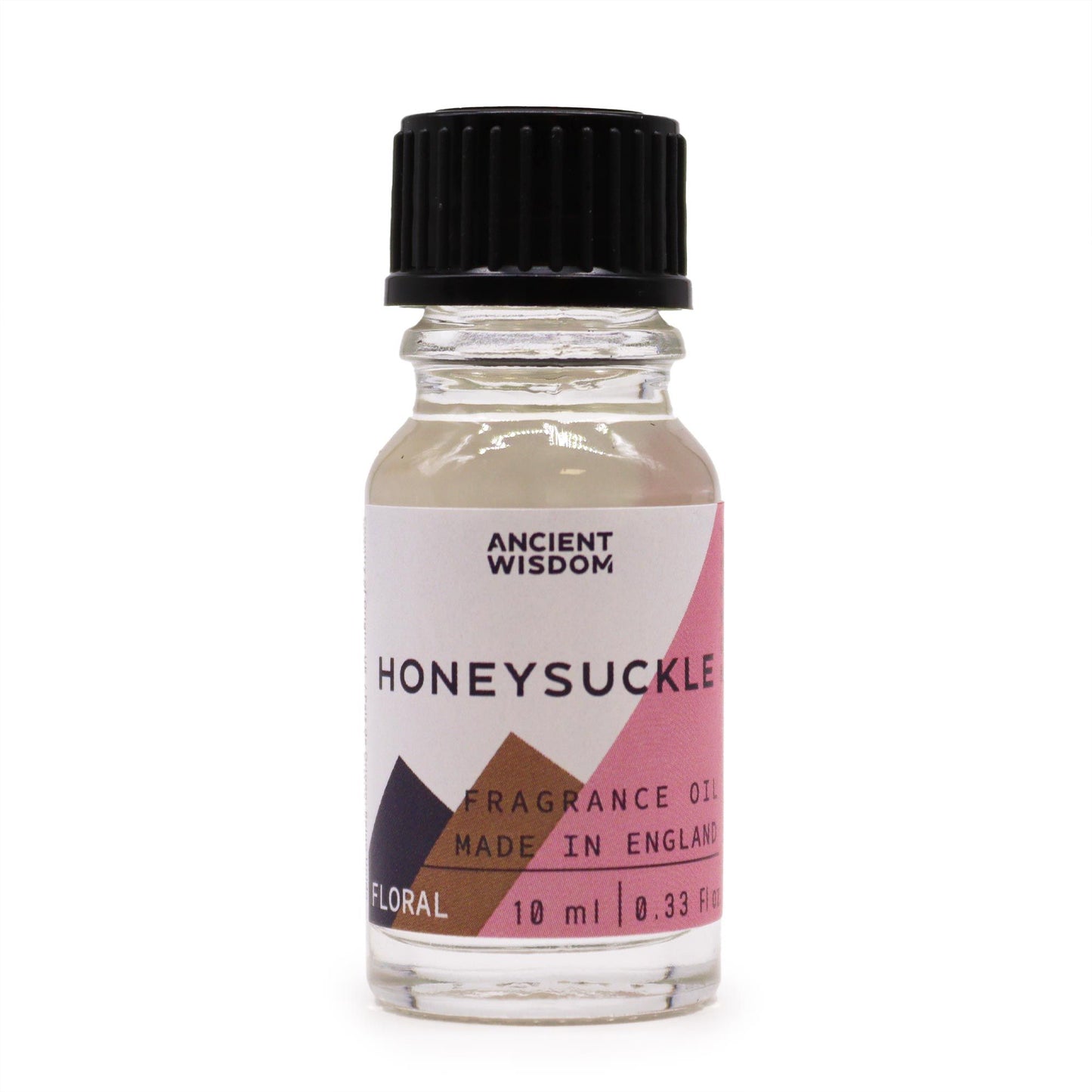 Frasco de vidrio transparente con aceite de 10ml, tapa negra y etiqueta blanca con diseño geométrico y texto.