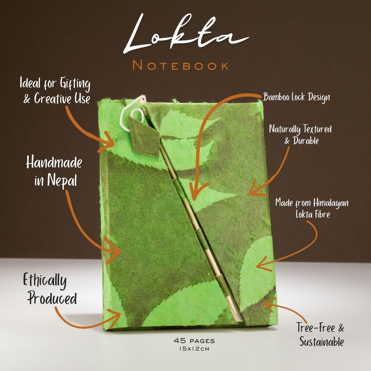 Cuaderno verde hecho a mano en Nepal, de fibra de Lokta, 45 páginas, con diseño de cierre de bambú, sostenible.