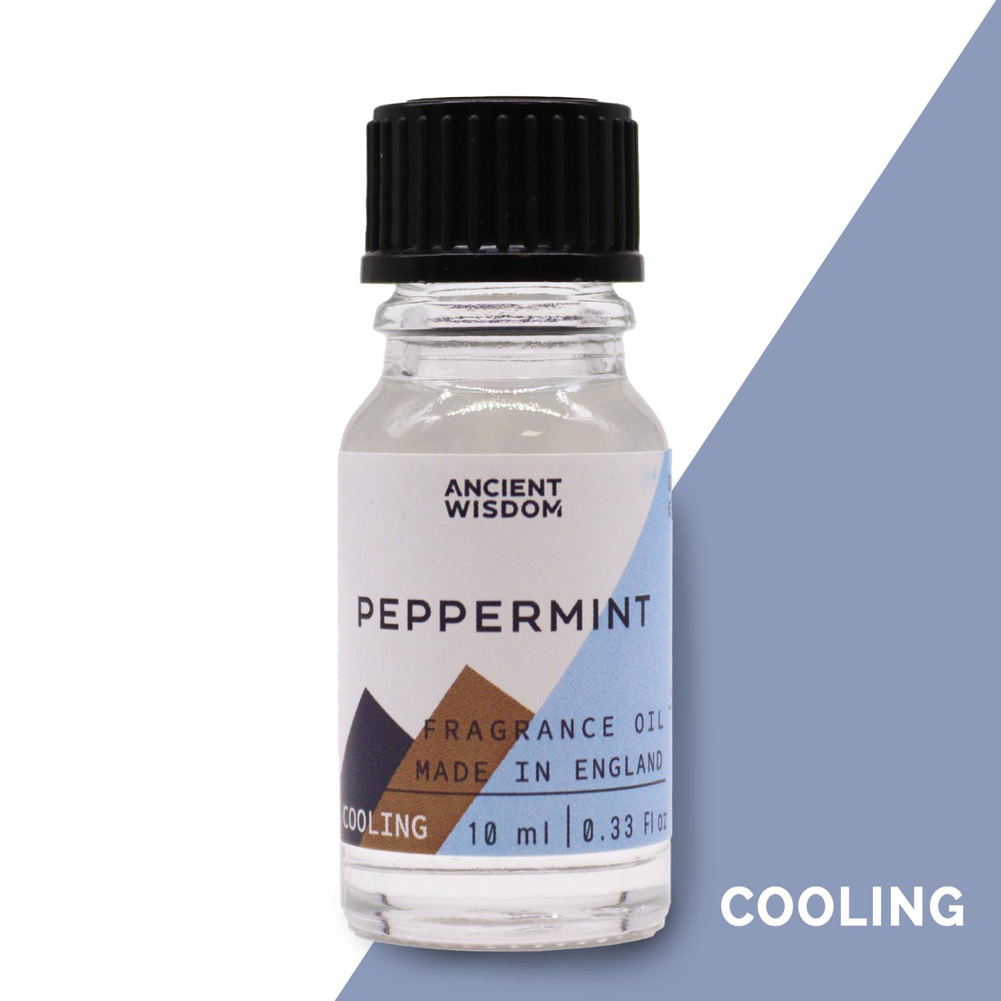 Frasco de vidrio de 10ml con tapa negra y etiqueta blanca que indica aceite de fragancia de hierbabuena.