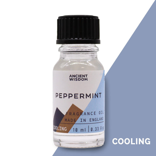 Frasco de vidrio de 10ml con tapa negra y etiqueta blanca que indica aceite de fragancia de hierbabuena.
