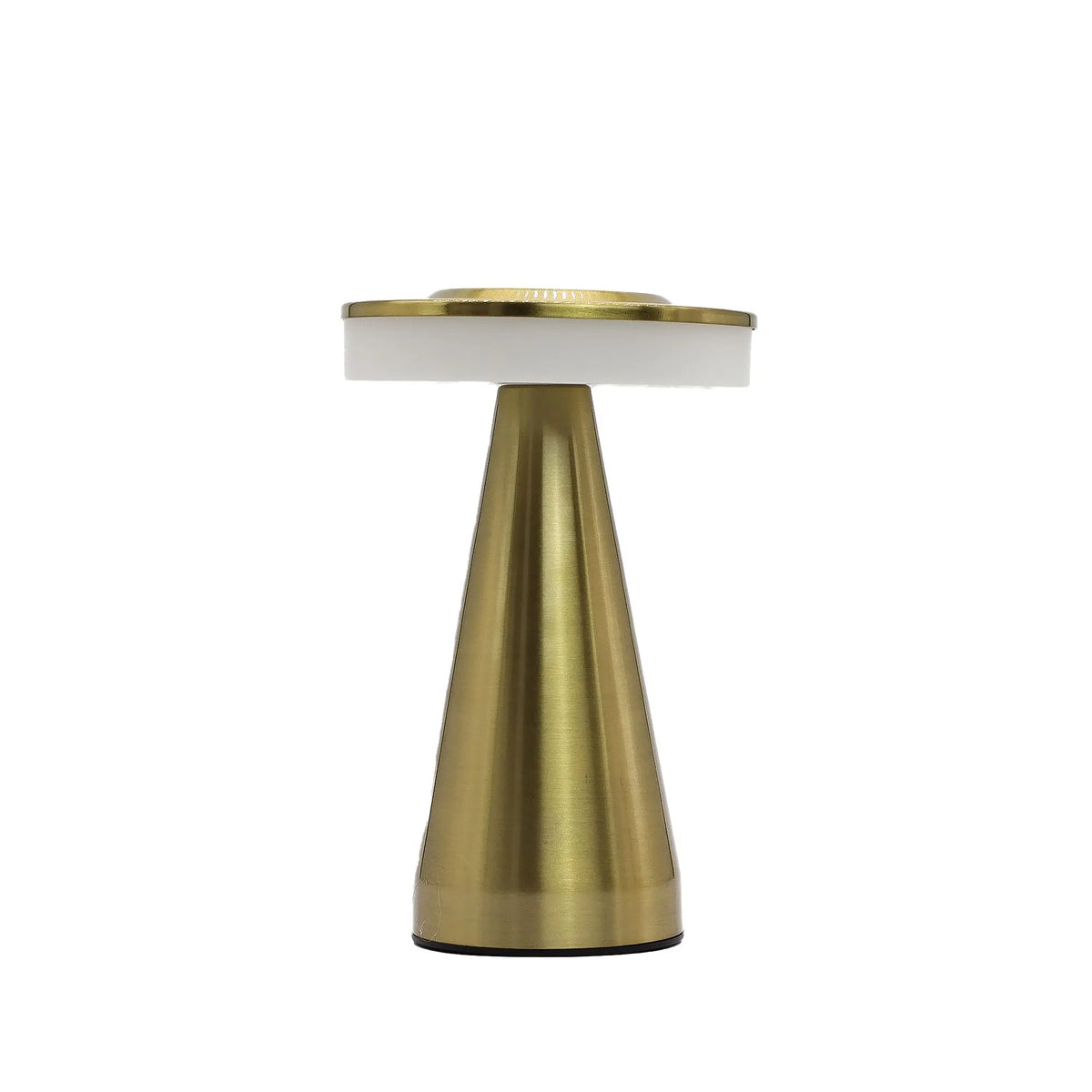 Lámpara de mesa táctil con base cónica de metal cobrizo y pantalla circular blanca sobre fondo blanco.