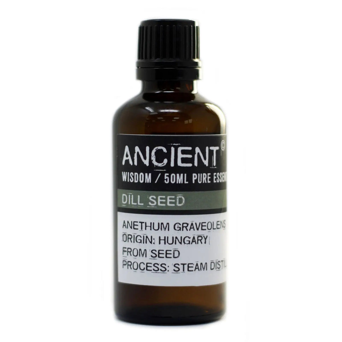 Frasco de vidrio ámbar de 50ml con tapa negra y etiqueta profesional blanca que indica aceite esencial de semilla de eneldo