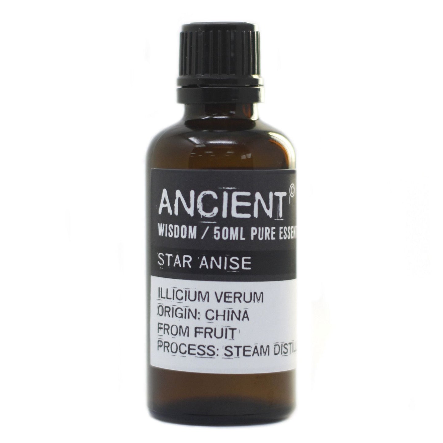 Frasco de vidrio ámbar de 50ml con tapón negro y etiqueta minimalista para aceite esencial de anís estrellado profesional
