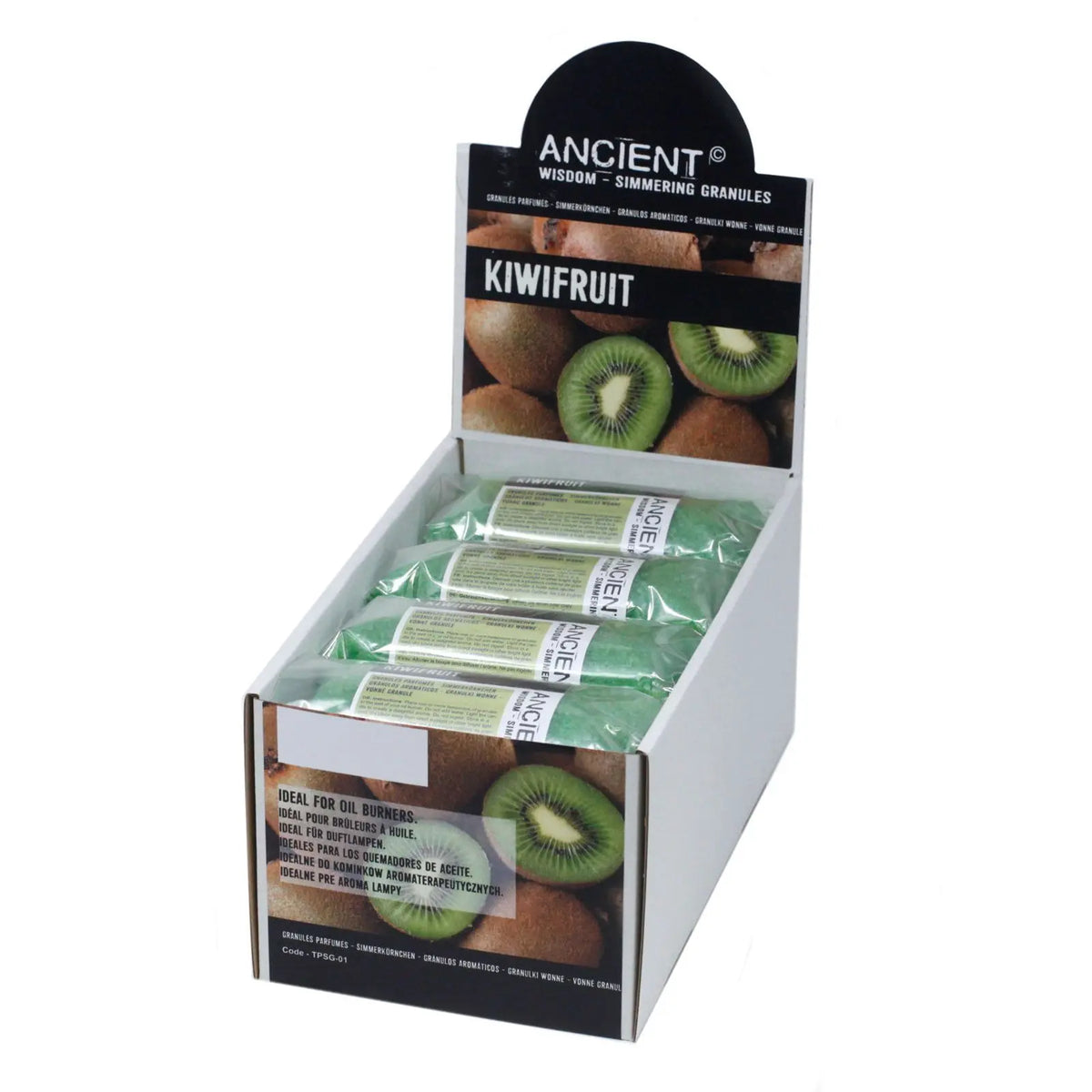 Expositor con bolsas de granulos aromáticos color verde de kiwi, decorado con imágenes de frutas frescas.