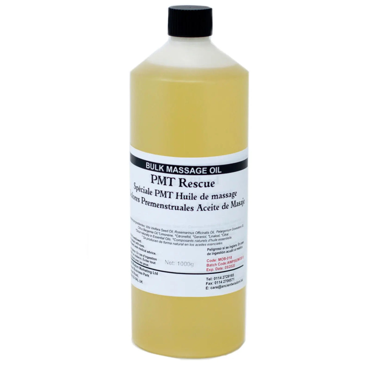 Botella cilíndrica de 1kg con aceite amarillo y etiqueta blanca descriptiva para masaje de dolores premenstruales.