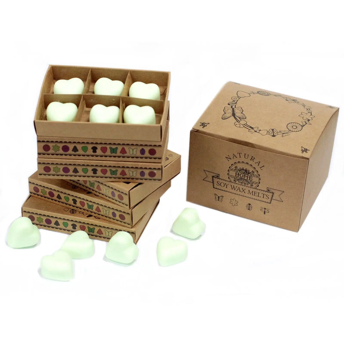 Cajas de cartón kraft con 6 ceras de soja en forma de corazón color verde menta y detalles decorativos.