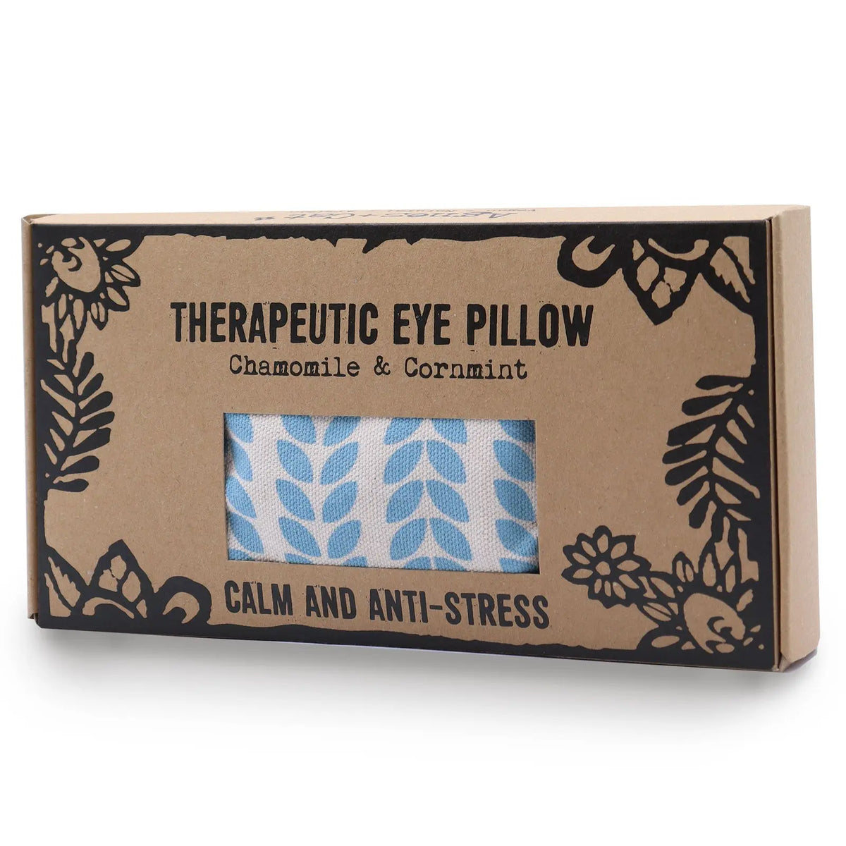 Almohada para ojos Agnes & Cat en caja de cartón artesanal. Tela azul y blanca con diseño de hojas, relajante y natural.