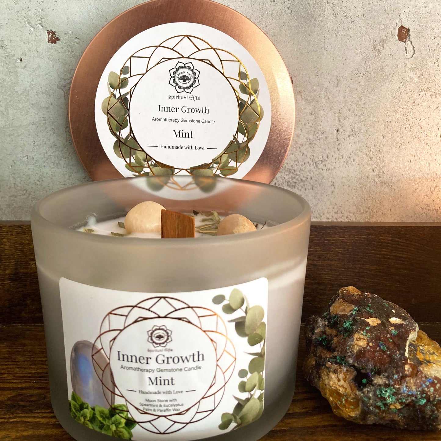 Vela de Menta Y Piedra Preciosa de la Luna - Crecimento Interior