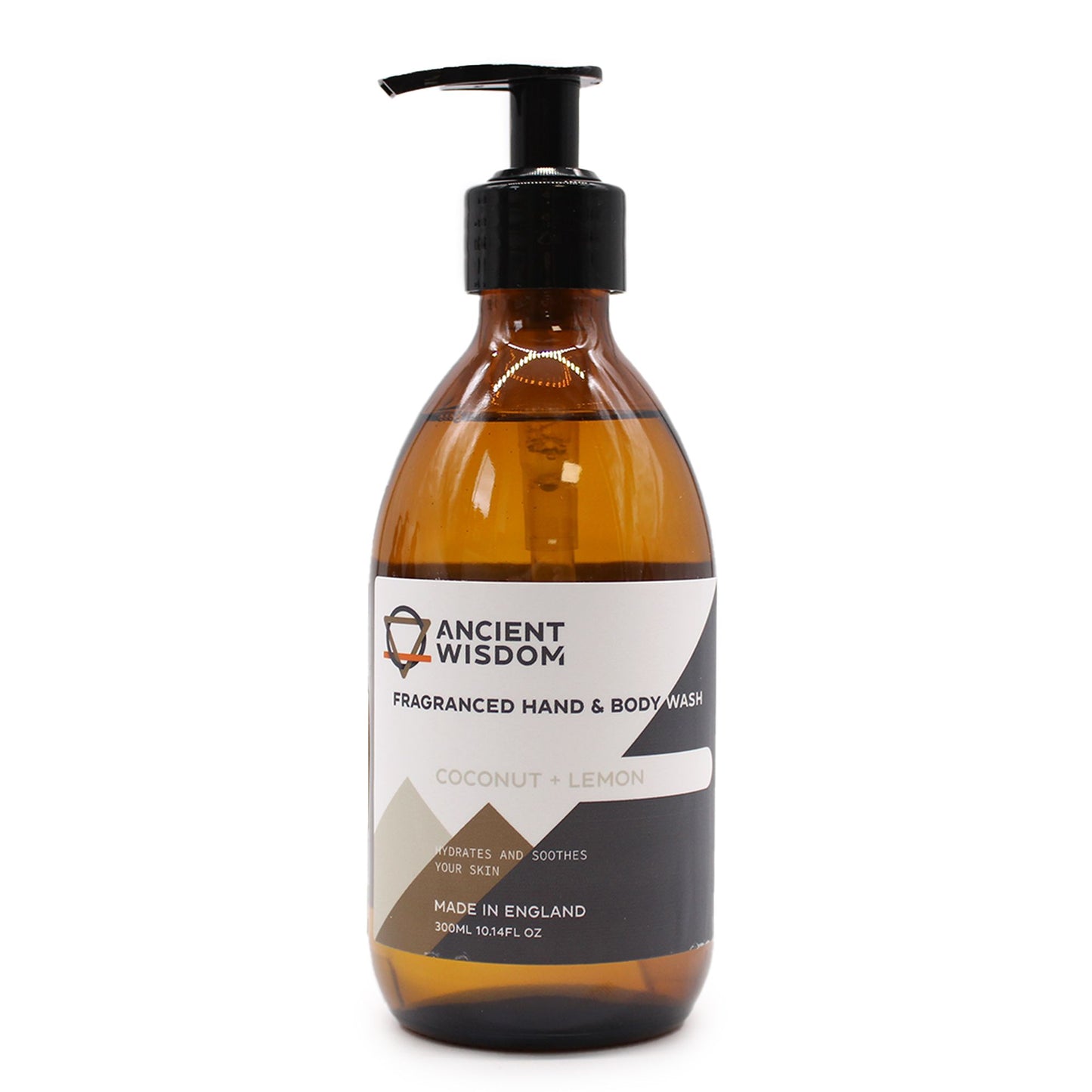 Jabón líquido Ancient Wisdom de coco y limón en envase de vidrio ámbar de 300ml con dosificador negro.