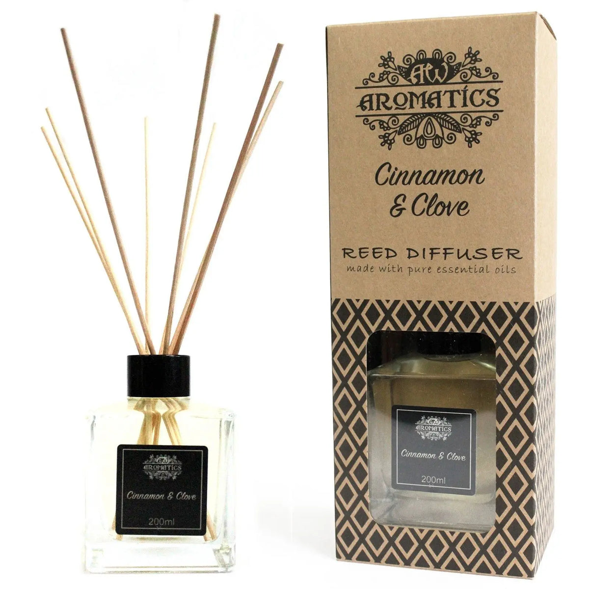 Difusor de varillas con frasco de vidrio cuadrado, aceite esencial y caja de cartón decorada con patrón geométrico.
