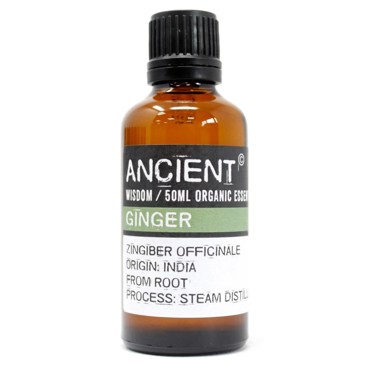Frasco ámbar de 50ml con aceite esencial de jengibre Ancient Wisdom. Etiqueta blanca y negra sobre vidrio oscuro.