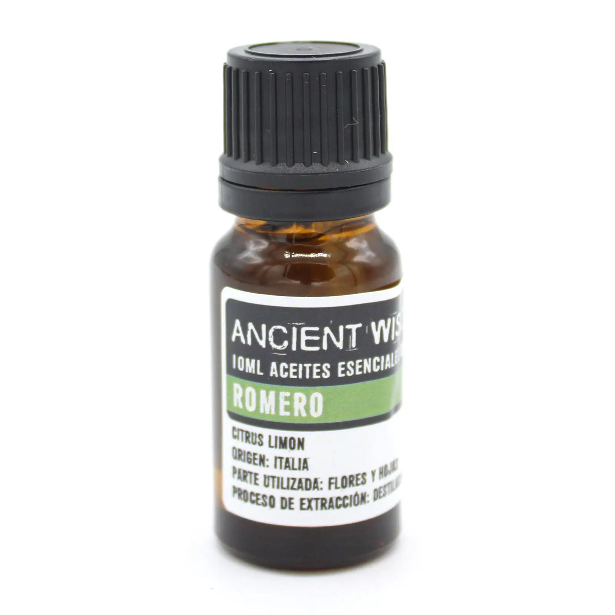 Frasco de vidrio ámbar de 10ml con tapa negra, contiene aceite esencial de romero con etiqueta blanca y verde.