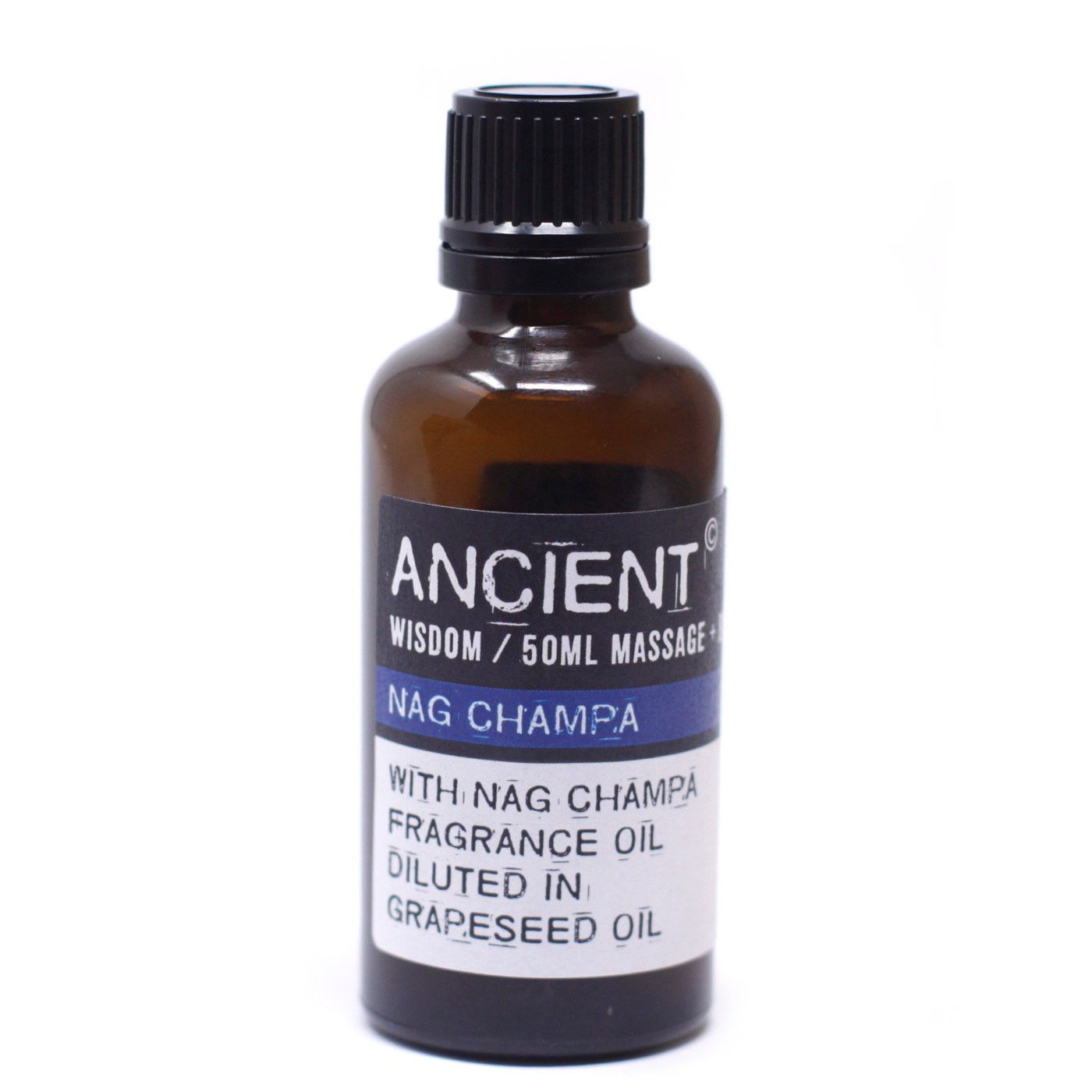 Frasco de vidrio ámbar de 50ml con tapa negra y etiqueta blanca y azul de aceite de masaje aroma Nag Champa