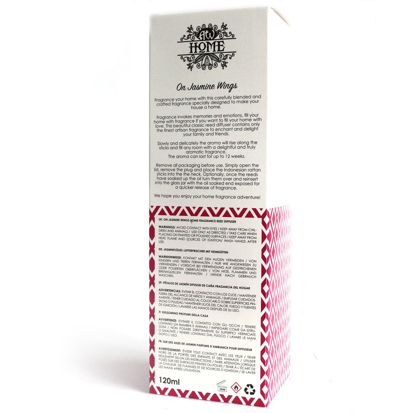 Fragancia de jazmín en envase de 120 ml, con diseño elegante en tonos blanco y rojo, ideal para el hogar.