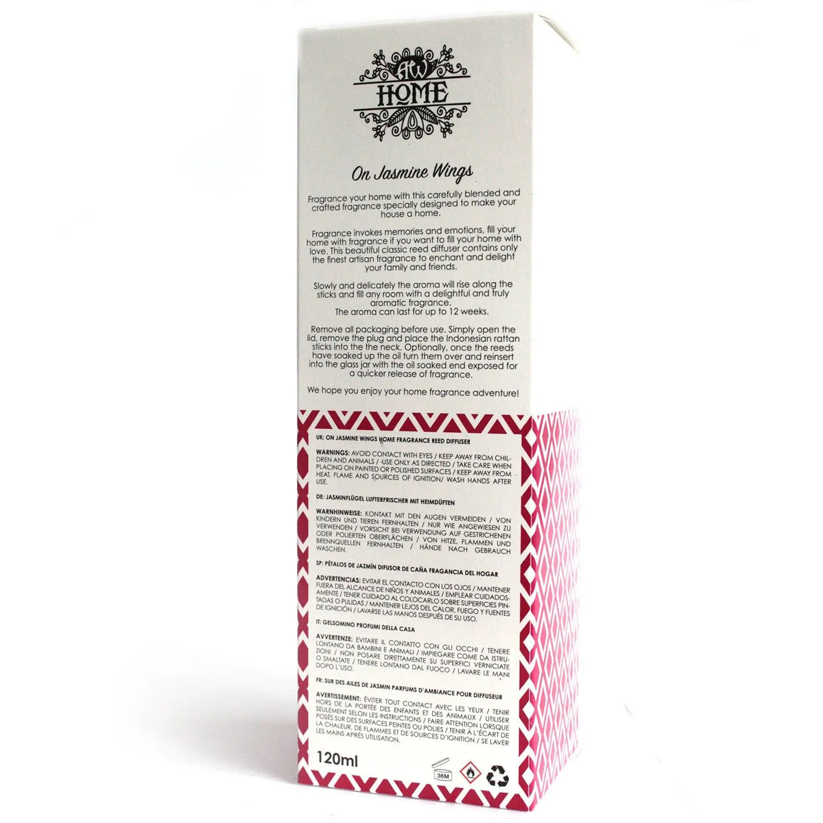Fragancia de jazmín en envase de 120 ml, con diseño elegante en tonos blanco y rojo, ideal para el hogar.