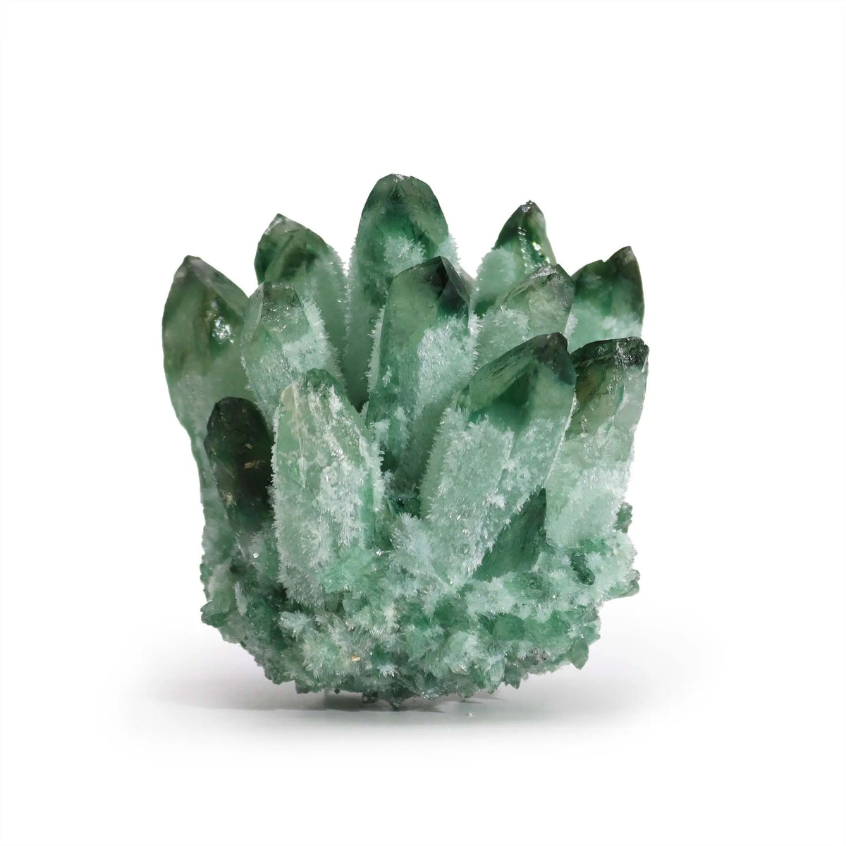 Racimo de cuarzo fantasma verde con puntas cristalinas, textura rugosa y base compacta sobre fondo blanco.
