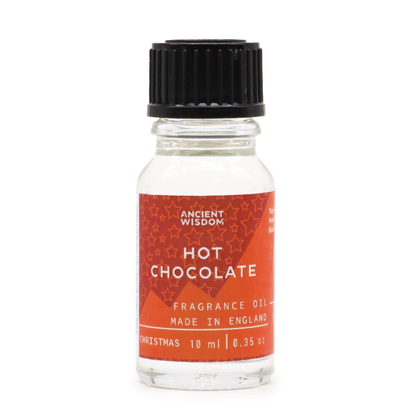 Frasco de vidrio de 10 ml con aceite de fragancia de chocolate, tapa negra y etiqueta naranja con estrellas.