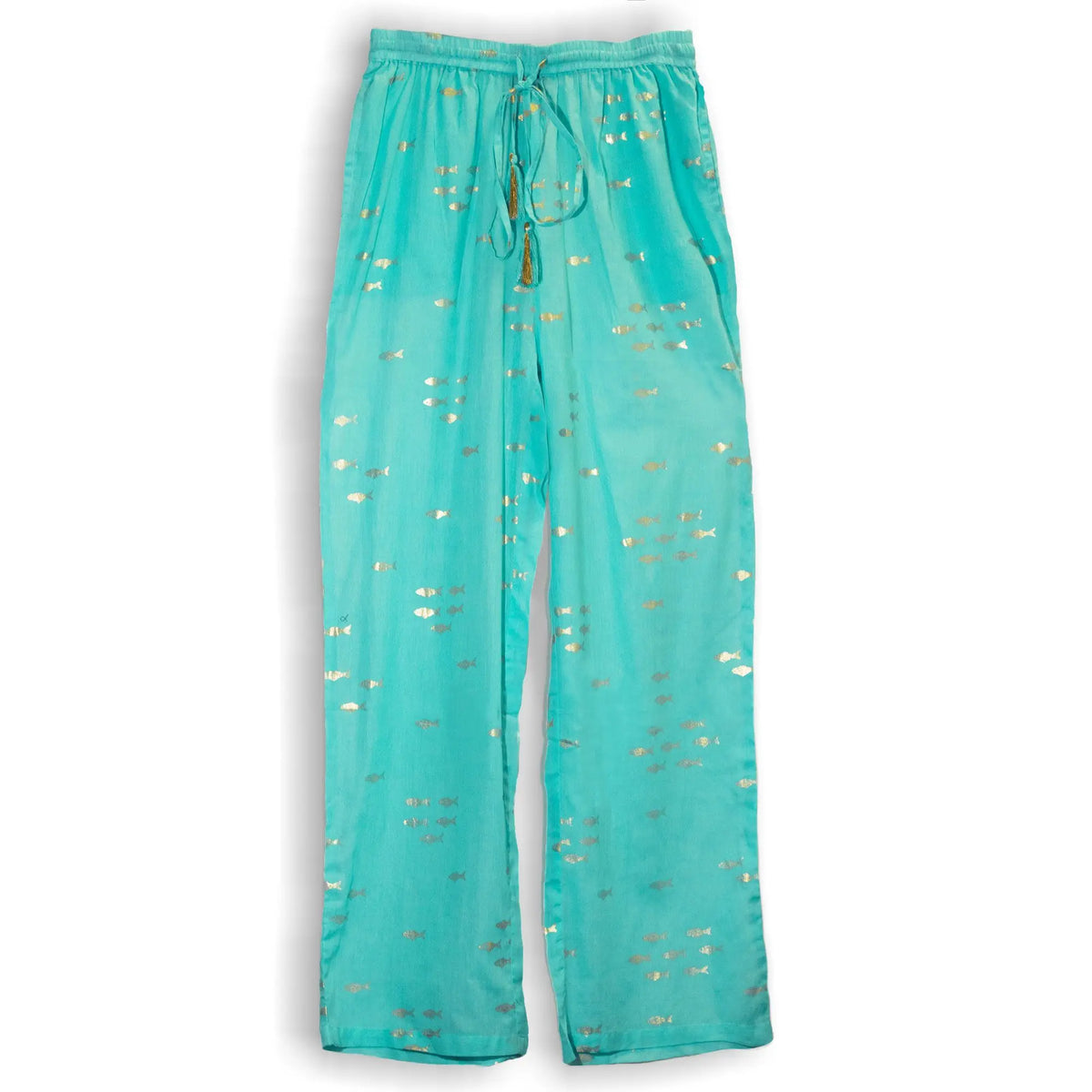 Pantalones lounge de algodón turquesa con estampado de peces dorados, cintura elástica y cordón ajustable.