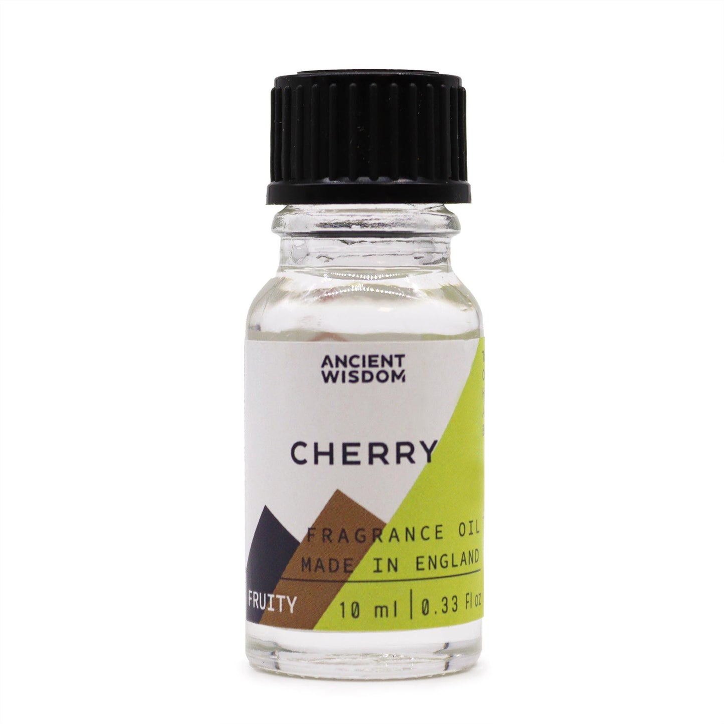 Frasco de vidrio transparente de 10ml con tapa negra y etiqueta blanca, verde y marrón, con el texto "Cherry".