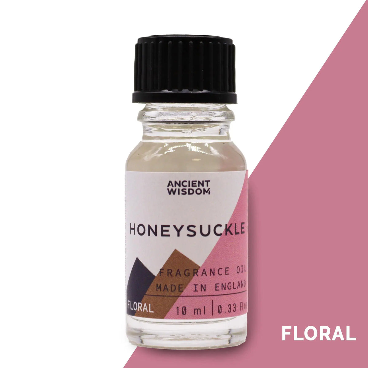 Frasco de vidrio de 10ml con aceite de fragancia de madreselva, tapa negra y etiqueta minimalista en tonos pastel.
