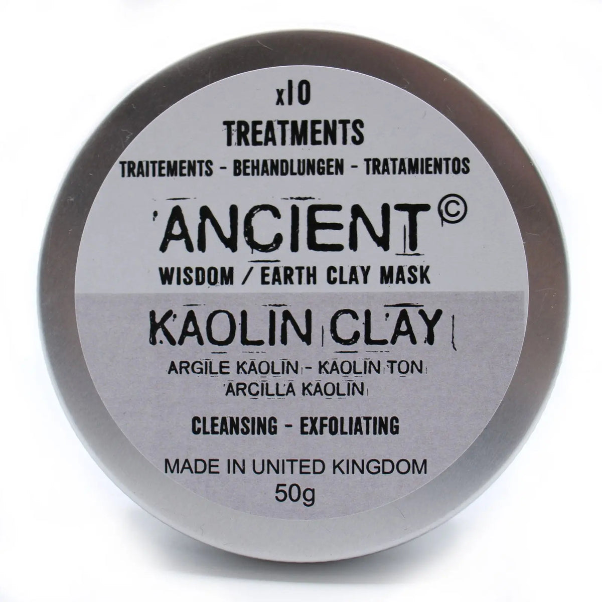 Envase redondo metálico de 50g con etiqueta gris y texto negro sobre arcilla de caolín para mascarilla facial.