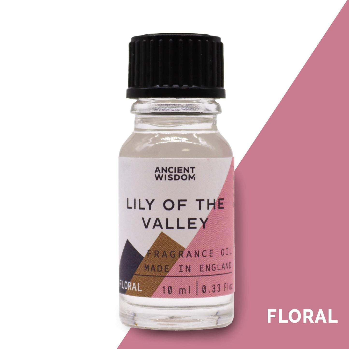 Frasco de vidrio de 10ml con tapa negra y etiqueta blanca, con texto "Lirio del valle", sobre fondo rosa.