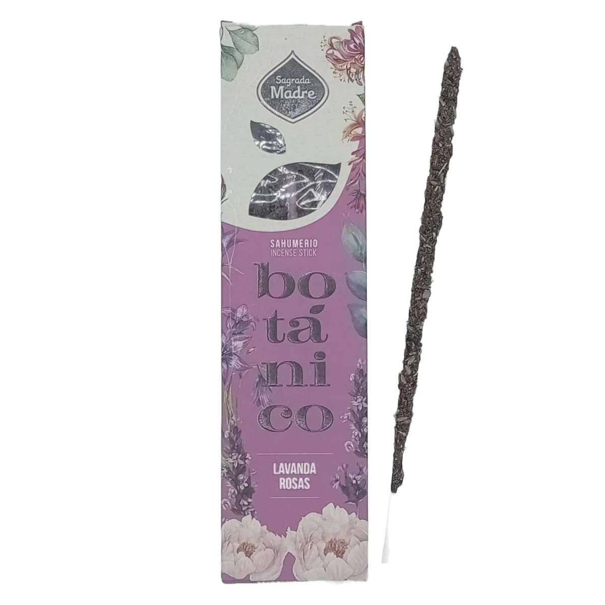 Varilla de incienso artesanal junto a su caja rectangular con diseño floral en tonos violetas y rosas sobre fondo blanco