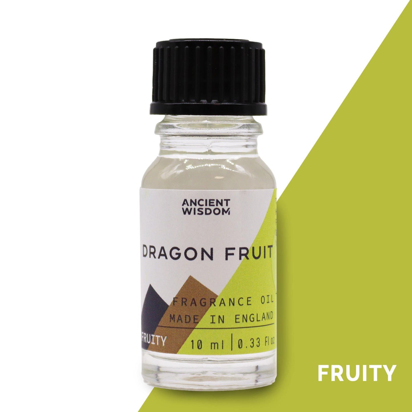 Frasco de vidrio de 10ml con aceite de fragancia de pitaya, tapa negra y etiqueta con motivos geométricos verdes.
