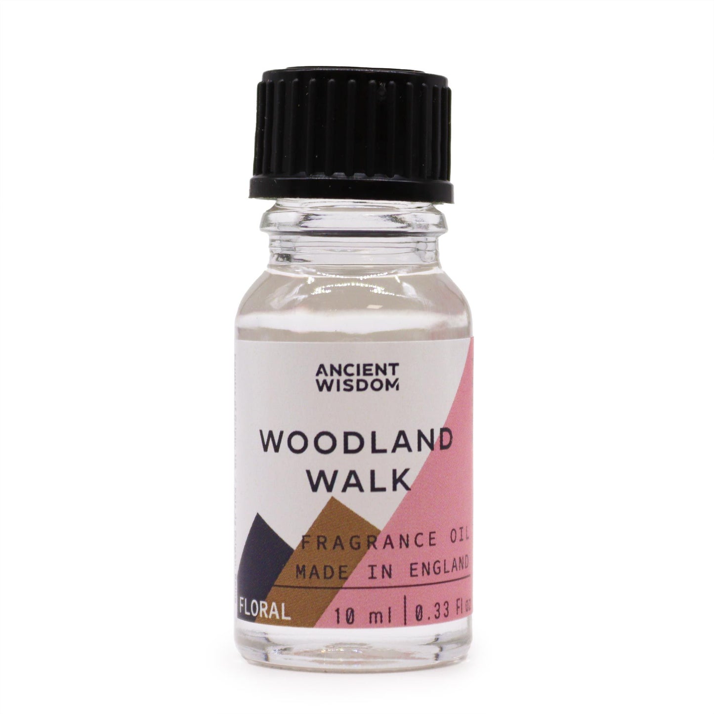 Frasco de vidrio de 10ml con tapa negra, etiqueta con formas geométricas en rosa, marrón y negro. Fondo blanco.