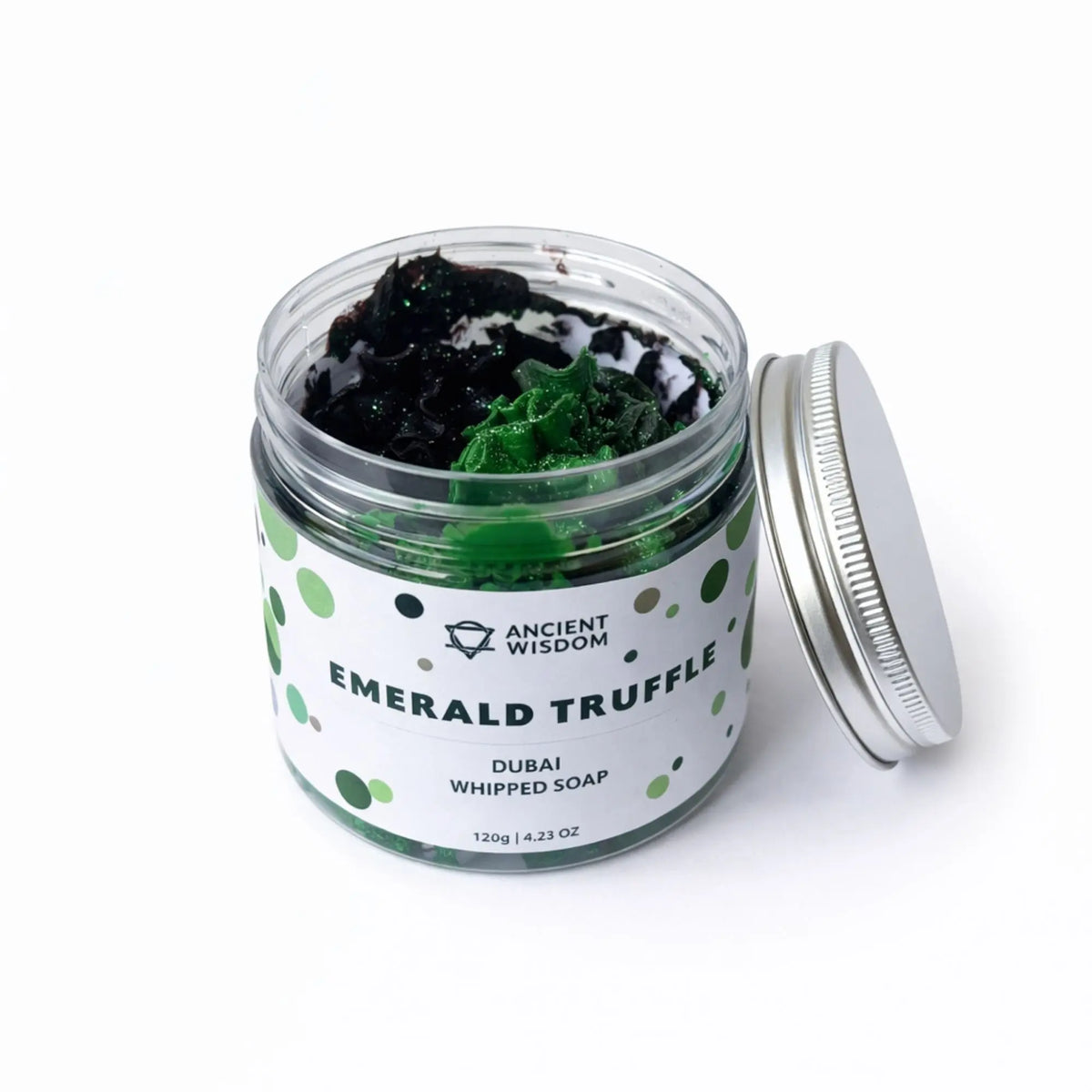 Jabón batido "Trufa Esmeralda" en frasco, tonos verdes, textura cremosa, 120g, de Ancient Wisdom.
